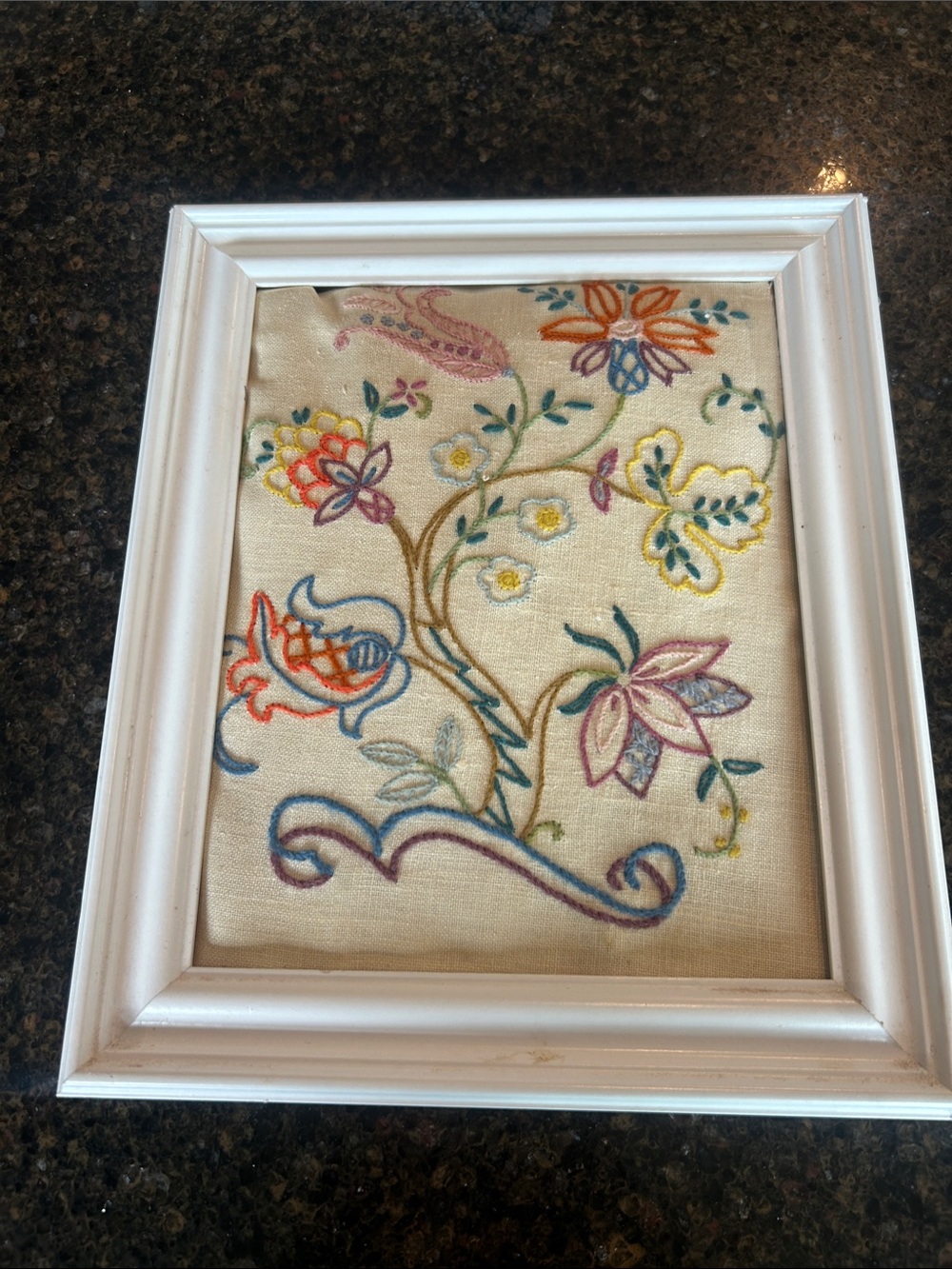 Vintage 1980s Embroidered Floral Art in White Frame — Multicolor 8x10
